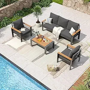 Aluminum Outdoor Patio Furniture Set With Washable Cushions And Coffee Table