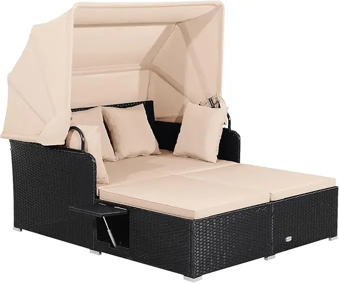 Outdoor Daybed 2 Person Wicker Chaise Lounge With Retractable Canopy