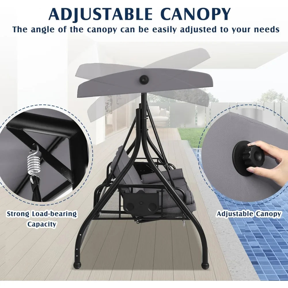 Outdoor Porch Swing With Canopy And Stand For 3 Person