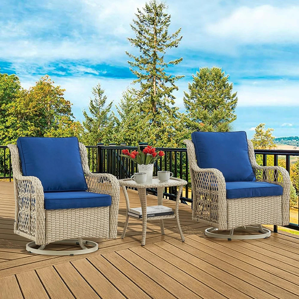 HiMISS 3 Piece Wicker Patio Set With Glass Table Cushions