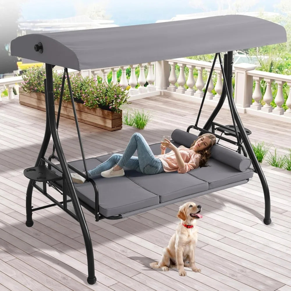 Outdoor Porch Swing With Canopy And Stand For 3 Person