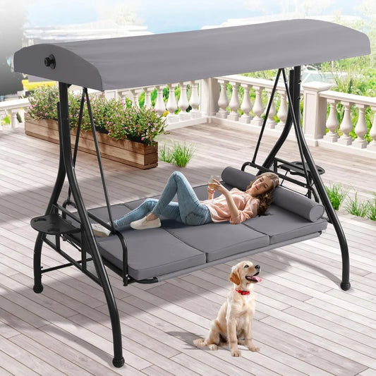 Outdoor Porch Swing With Canopy And Stand For 3 Person
