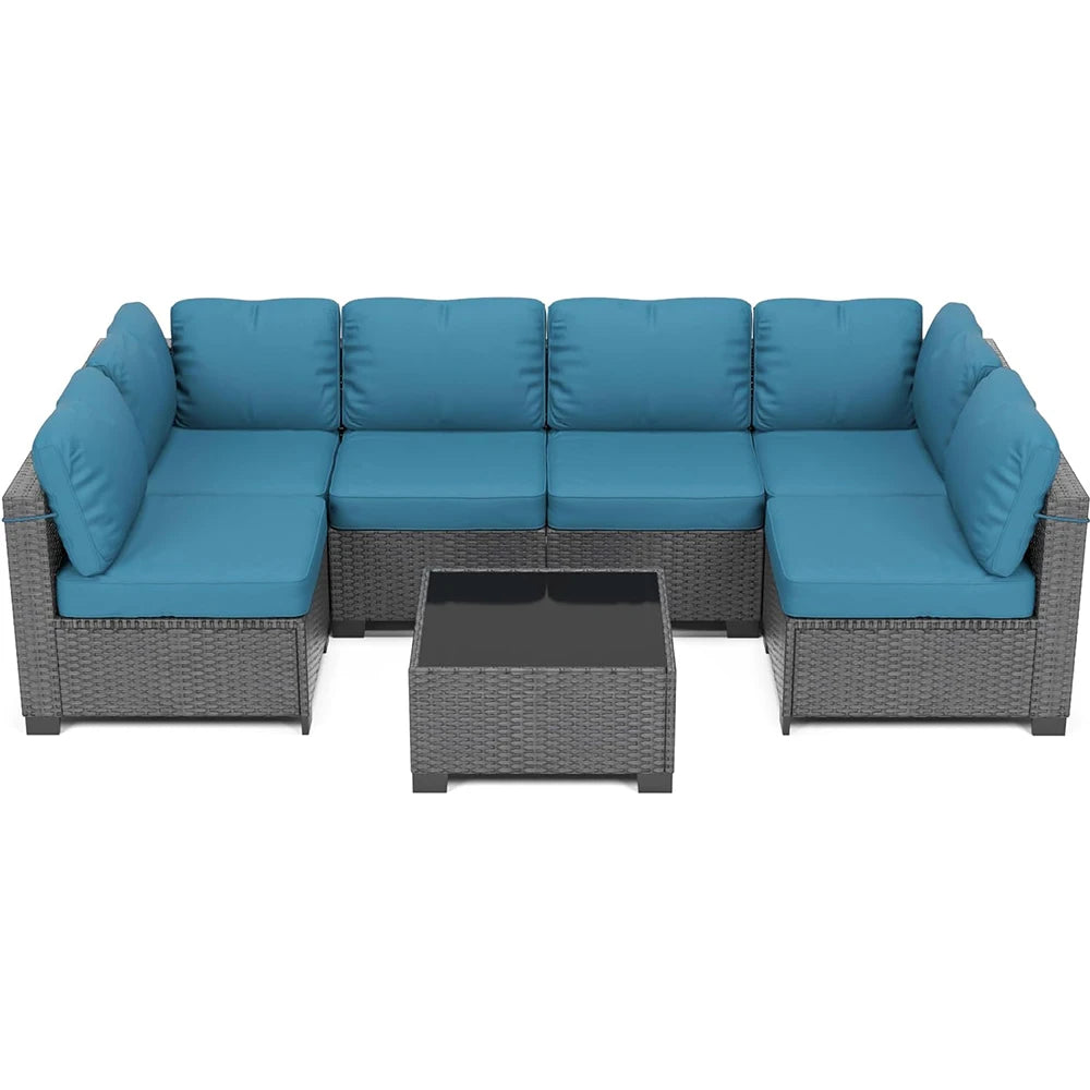 HiMISS 7 Piece PE Rattan Patio Set With Glass Table