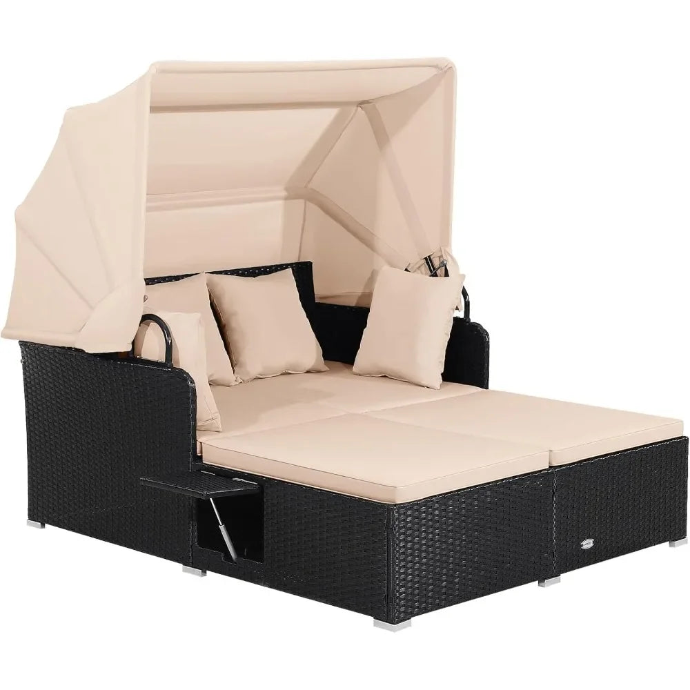 Outdoor Daybed 2 Person Wicker Chaise Lounge With Retractable Canopy