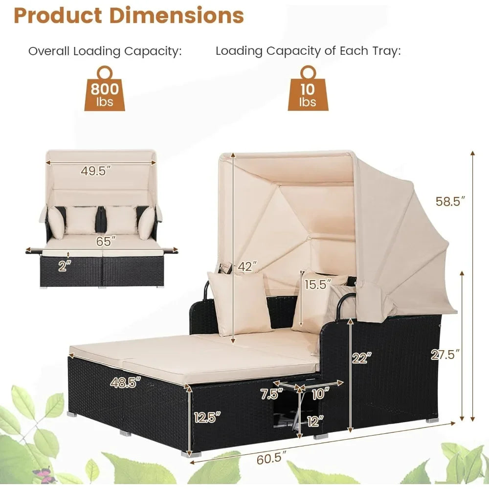 Outdoor Daybed 2 Person Wicker Chaise Lounge With Retractable Canopy