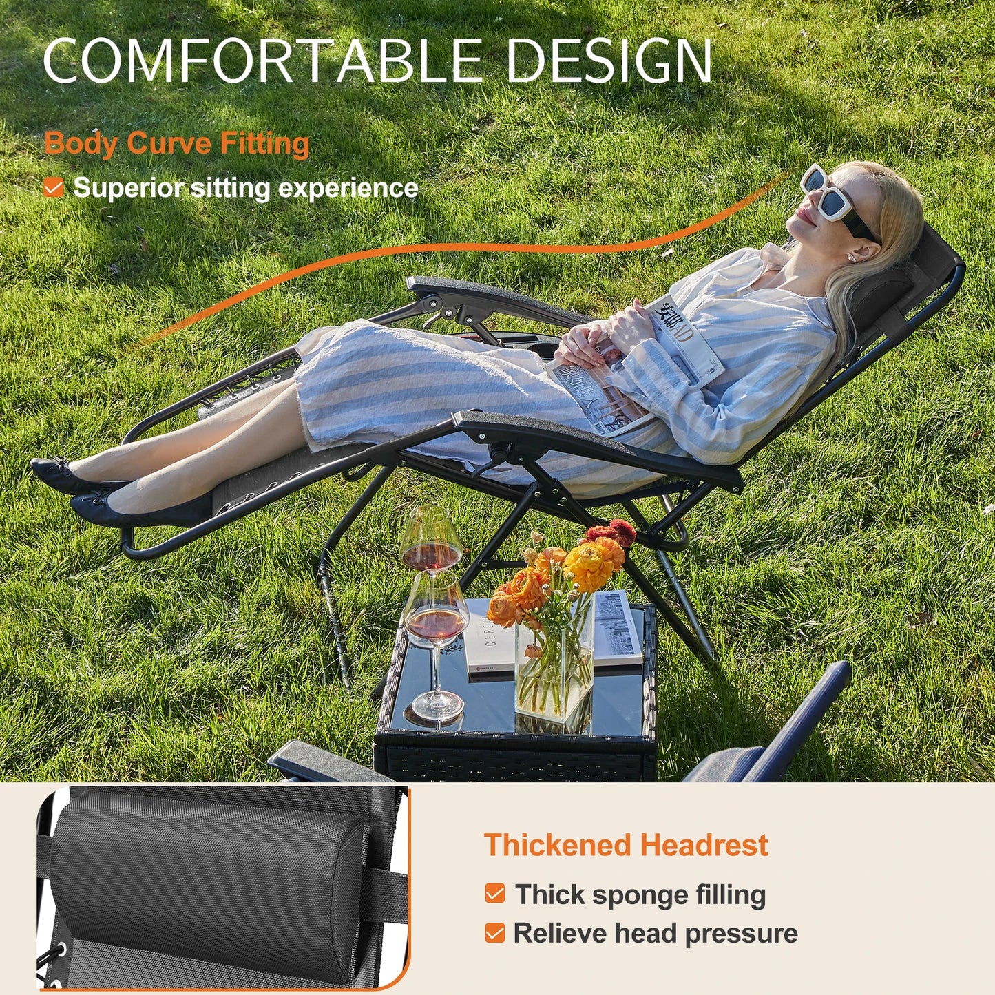 JHK Zero Gravity Recliner Set 2 Portable Outdoor Lounge Chairs