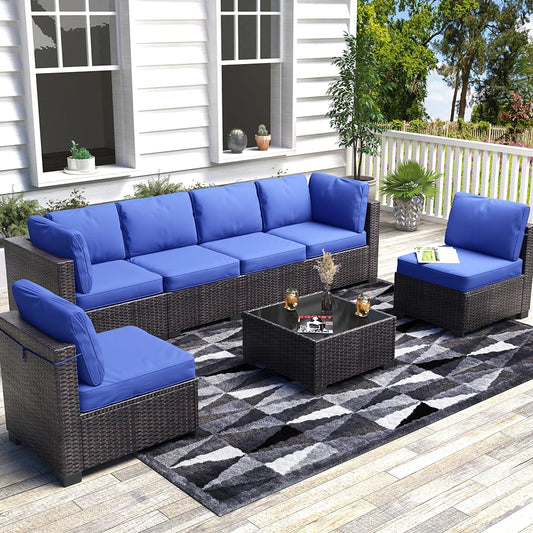 HiMISS 7 Piece PE Rattan Patio Set With Glass Table