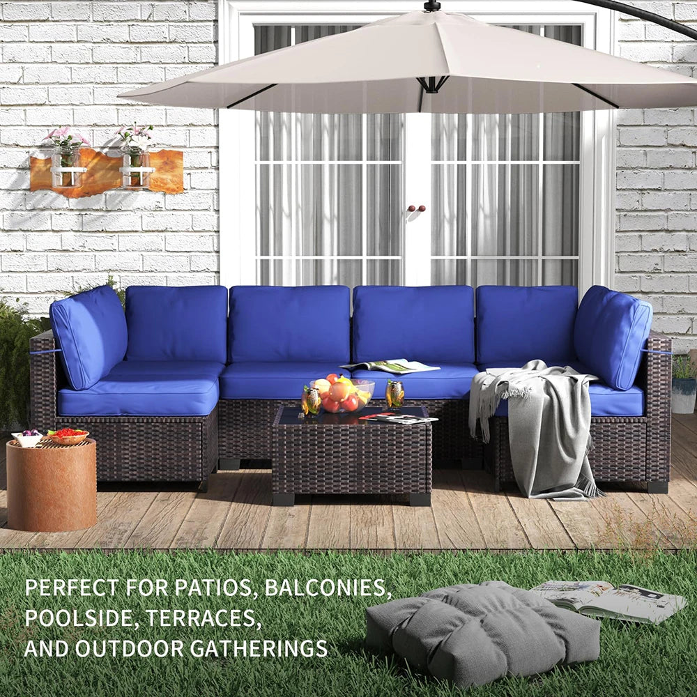 HiMISS 7 Piece PE Rattan Patio Set With Glass Table