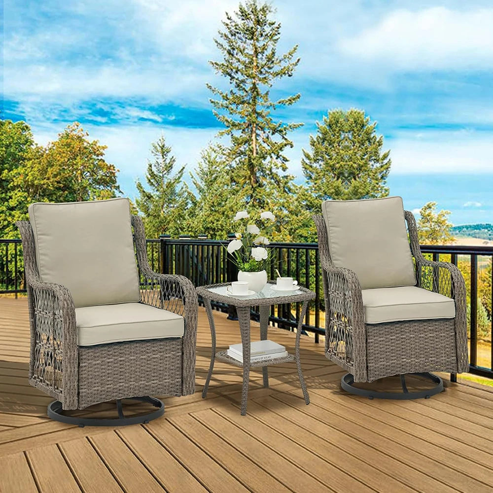 HiMISS 3 Piece Wicker Patio Set With Glass Table Cushions
