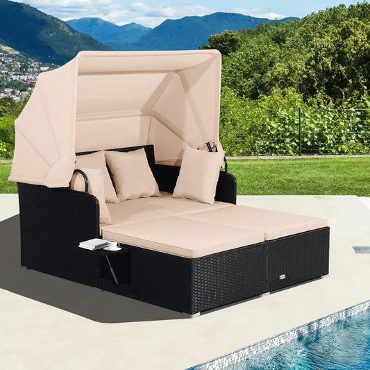 Outdoor Daybed 2 Person Wicker Chaise Lounge With Retractable Canopy