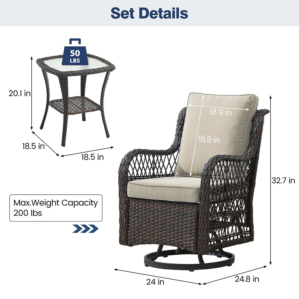 HiMISS 3 Piece Wicker Patio Set With Glass Table Cushions