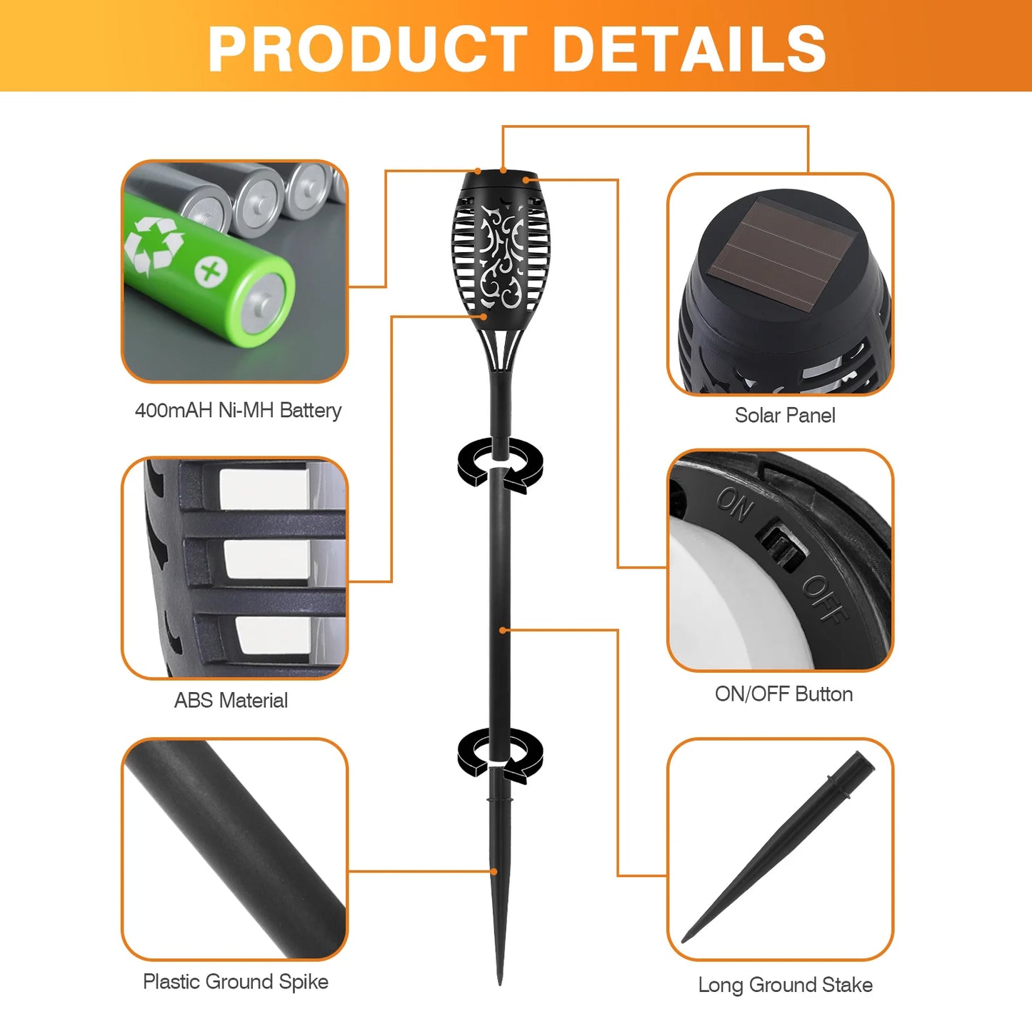Waterproof Outdoor Solar Torch Lights With Flickering Flame For Garden