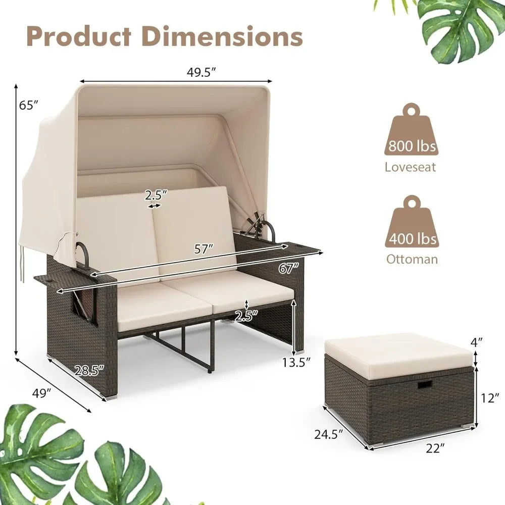 Retractable Canopy Loveseat Sofa Set With Storage Ottomans Garden Patio