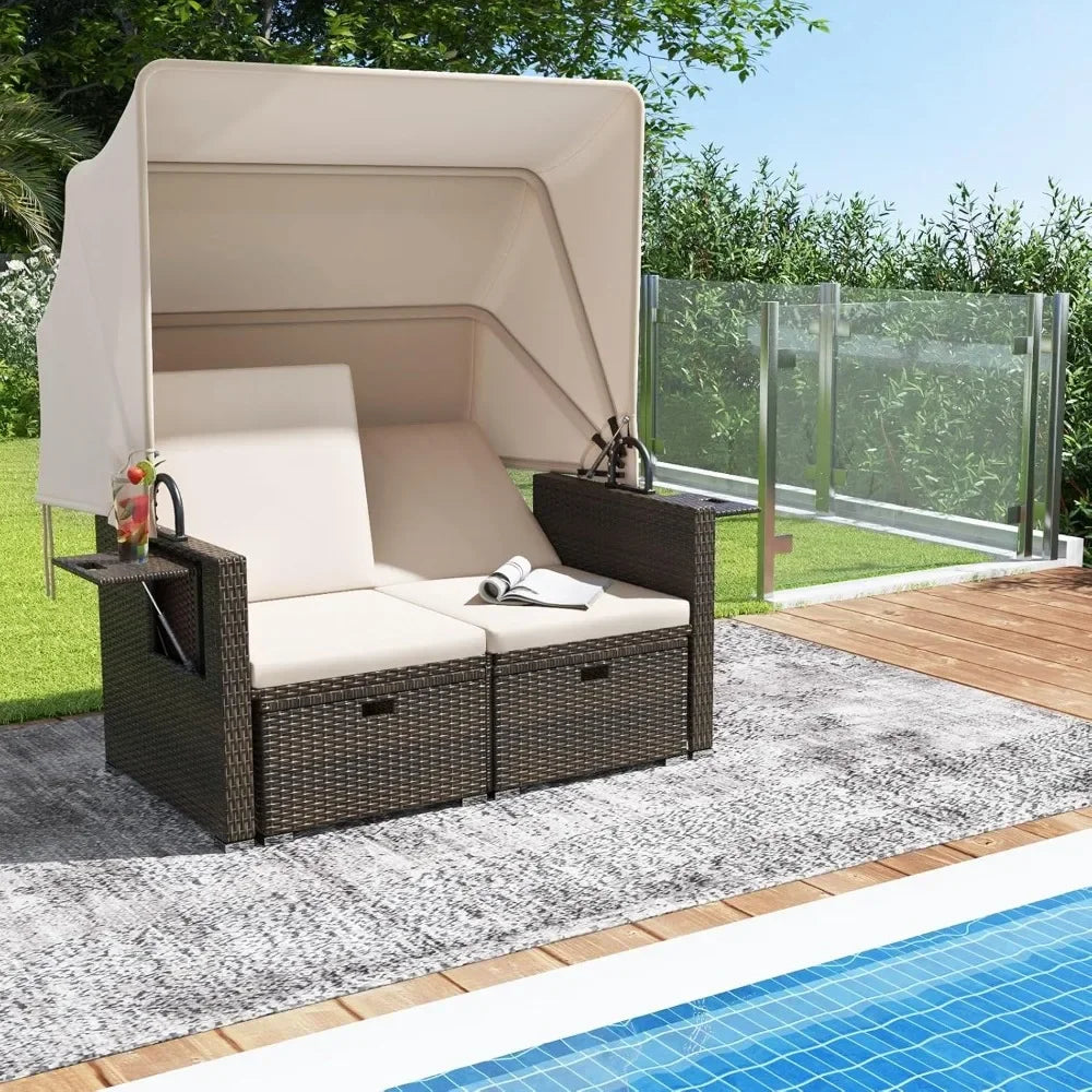Retractable Canopy Loveseat Sofa Set With Storage Ottomans Garden Patio