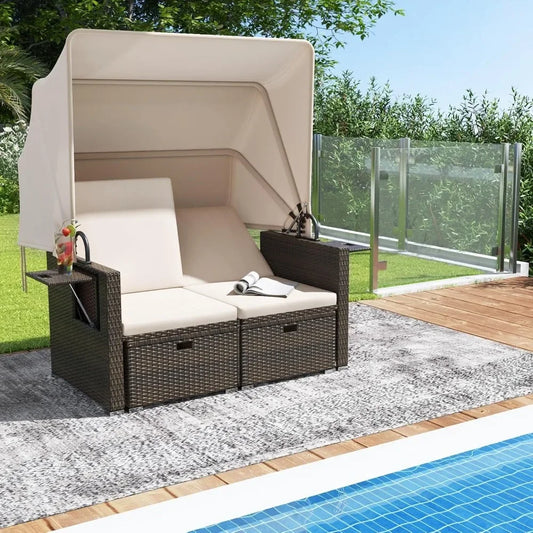 Retractable Canopy Loveseat Sofa Set With Storage Ottomans Garden Patio