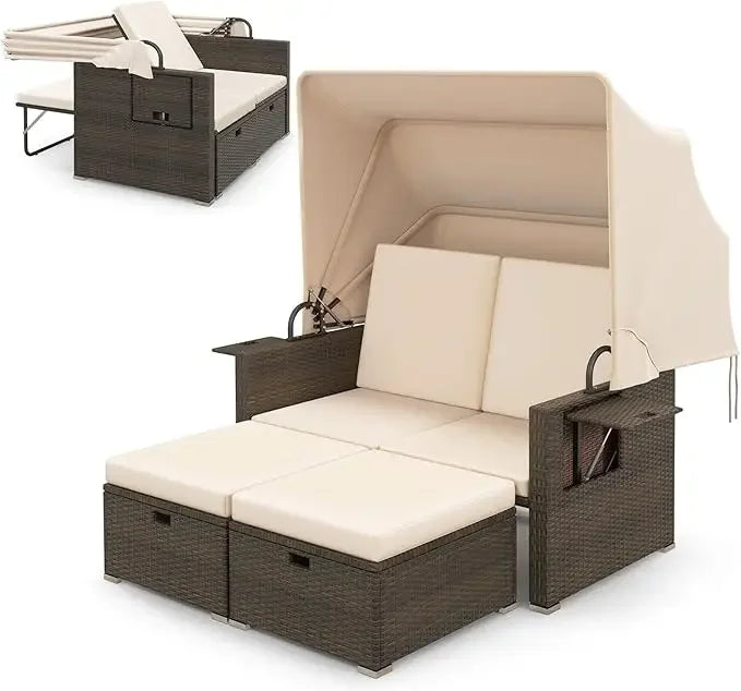 Retractable Canopy Loveseat Sofa Set With Storage Ottomans Garden Patio