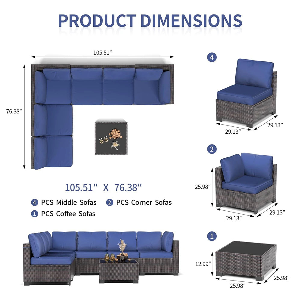 HiMISS 7 Piece PE Rattan Patio Set With Glass Table