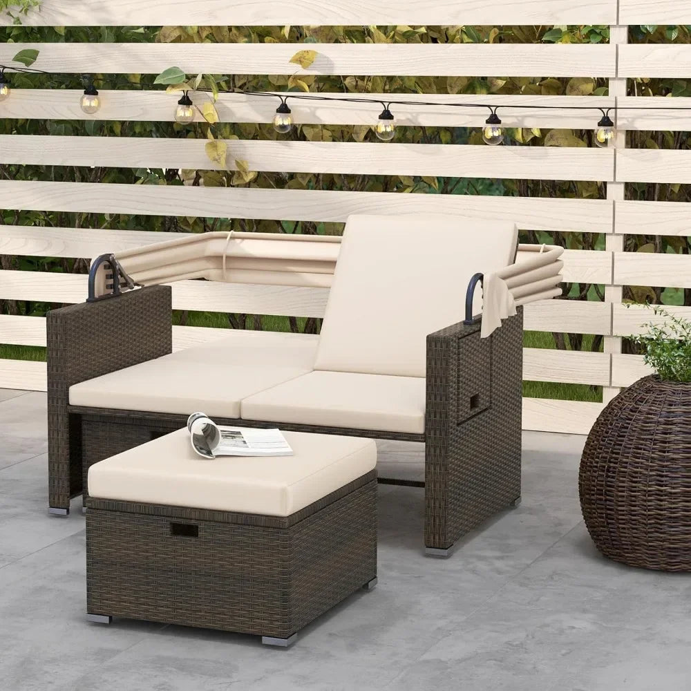 Retractable Canopy Loveseat Sofa Set With Storage Ottomans Garden Patio