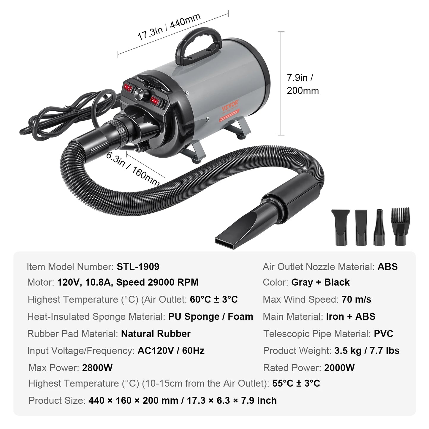SucceBuy Dog Blow Dryer Extendable Hose With Adjustable Temperature Control