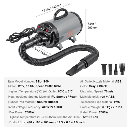 SucceBuy Dog Blow Dryer Extendable Hose With Adjustable Temperature Control