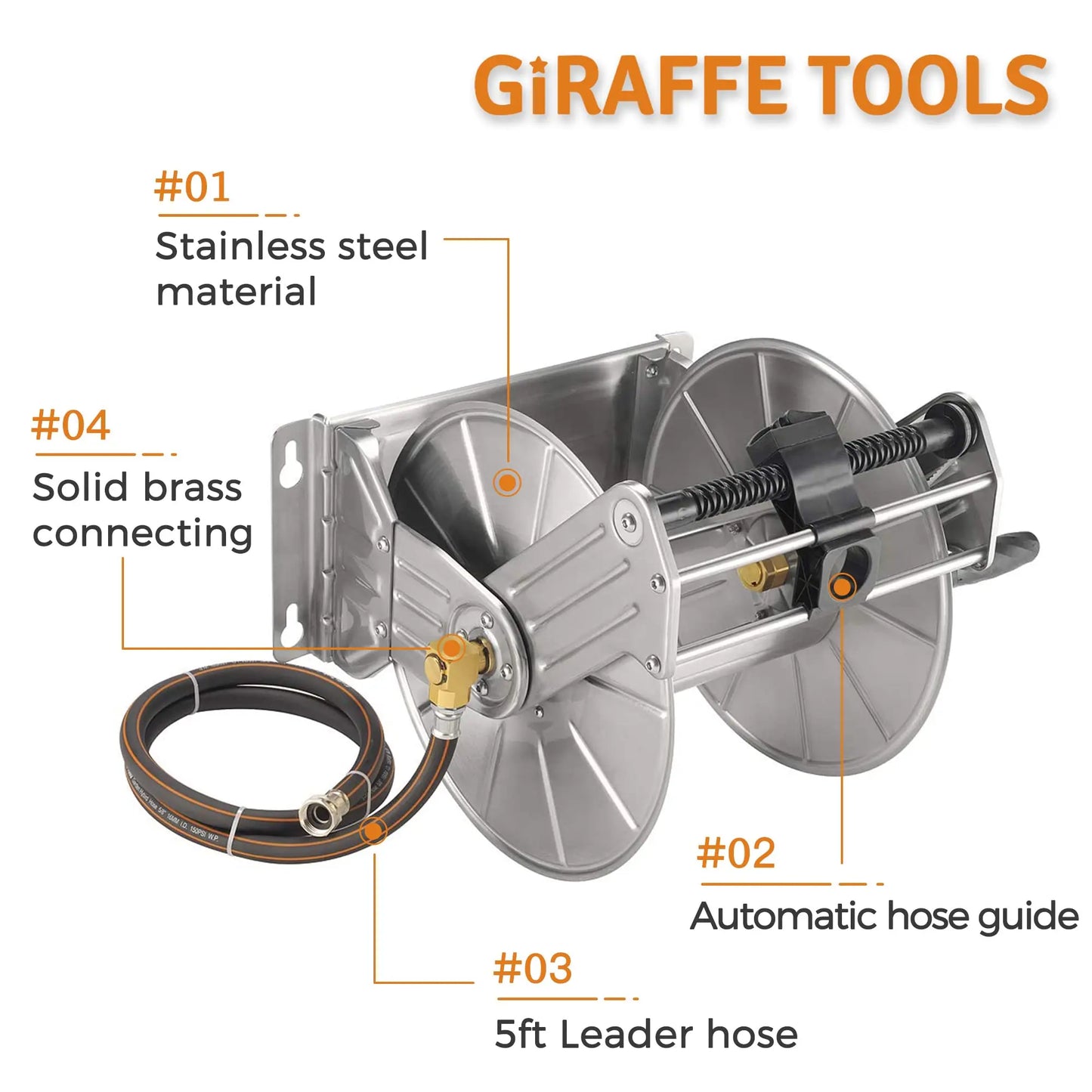 Giraffe Tools Stainless Steel Hose Reel Heavy Duty Wall Mounted
