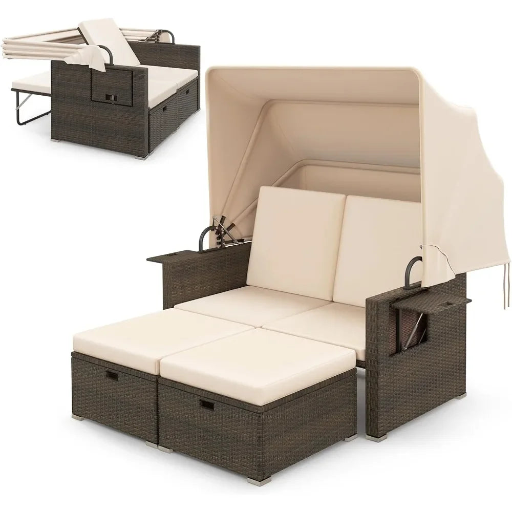 Retractable Canopy Loveseat Sofa Set With Storage Ottomans Garden Patio