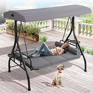 Outdoor Porch Swing With Canopy And Stand For 3 Person