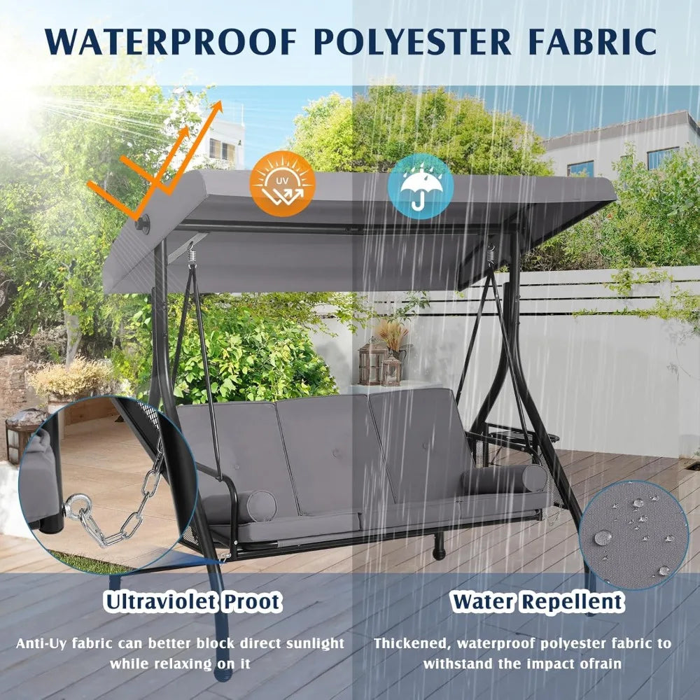 Outdoor Porch Swing With Canopy And Stand For 3 Person