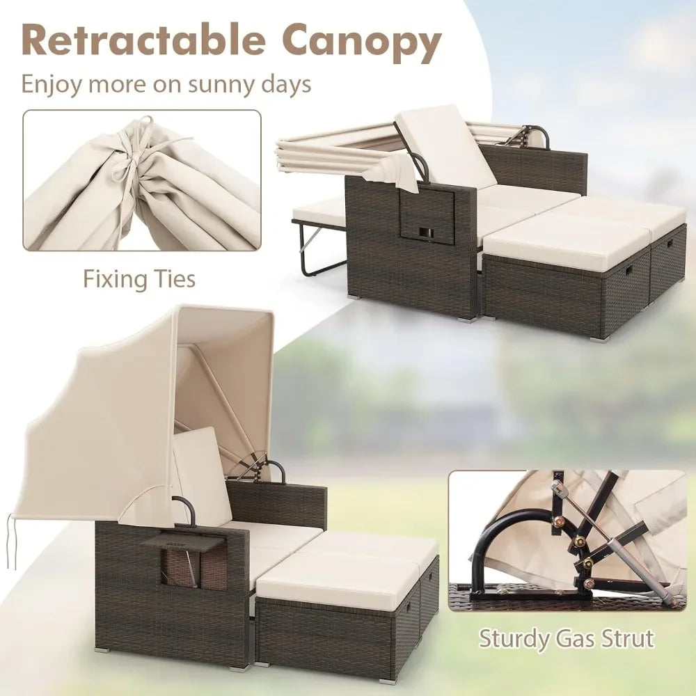 Retractable Canopy Loveseat Sofa Set With Storage Ottomans Garden Patio