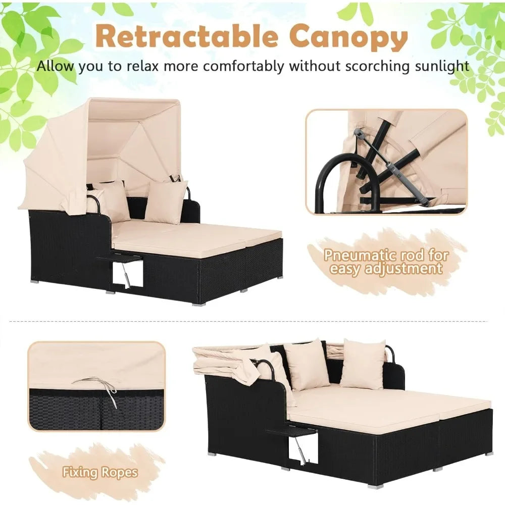 Outdoor Daybed 2 Person Wicker Chaise Lounge With Retractable Canopy