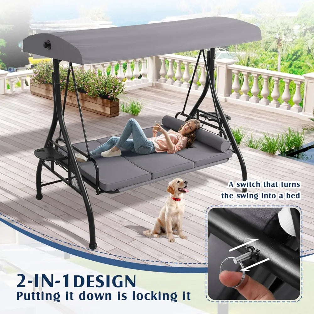 Outdoor Porch Swing With Canopy And Stand For 3 Person